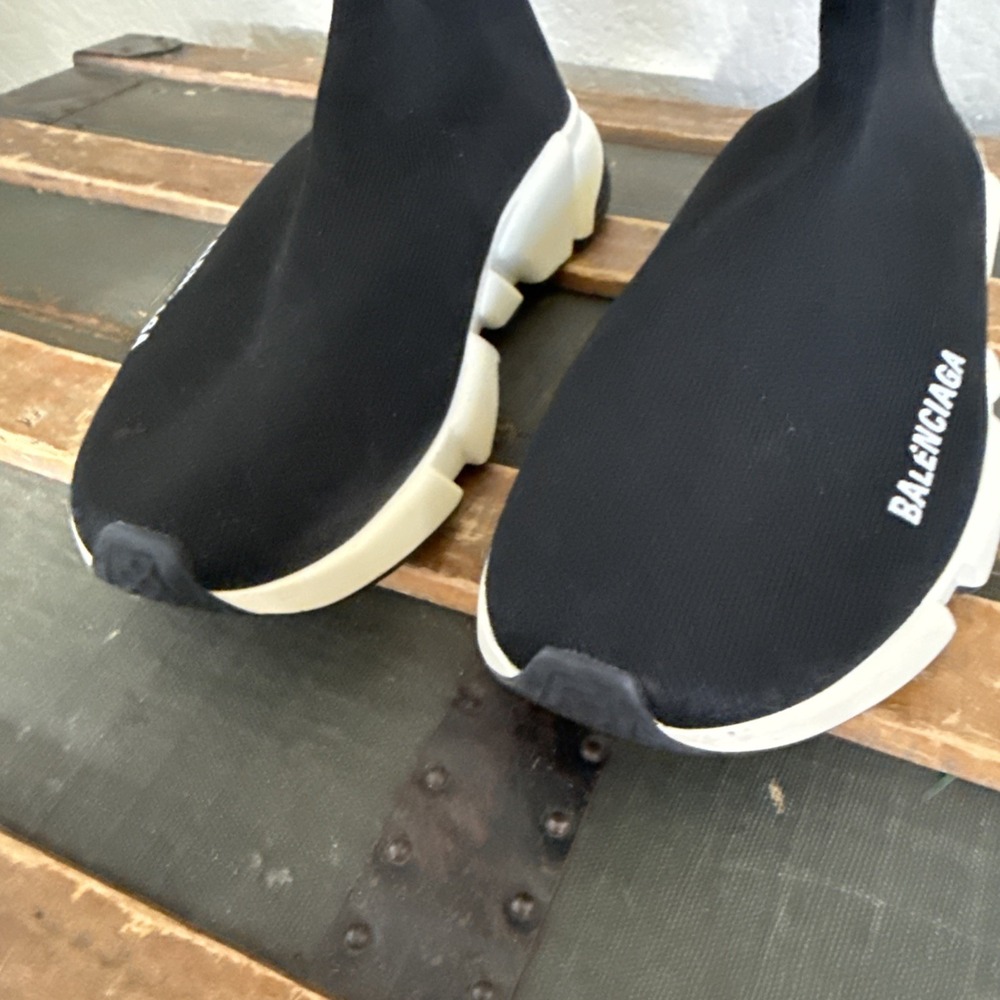 Balenciaga Speed Trainer Black White High Top Knit Sneakers Rubber Sole Sz 7.5 - Picture 3 of 14